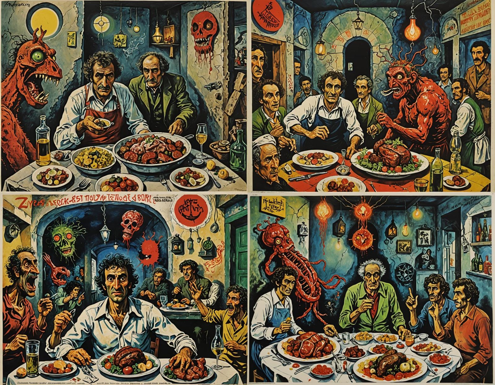 Grotesque Restaurant Scene in 1970s Movie Poster Style