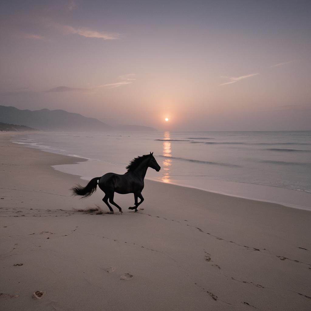 A beautiful glowing black horse prancing on a beach