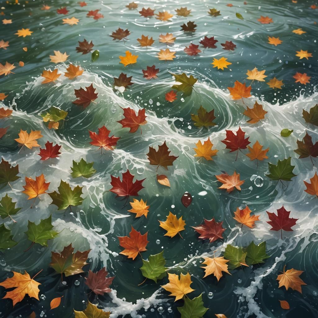 Hyperrealistic Wave with Autumn and Winter Leaves