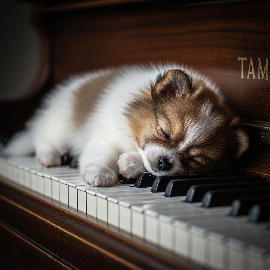 Puppy Asleep on Piano: Hyperrealistic 64 Megapixel Image