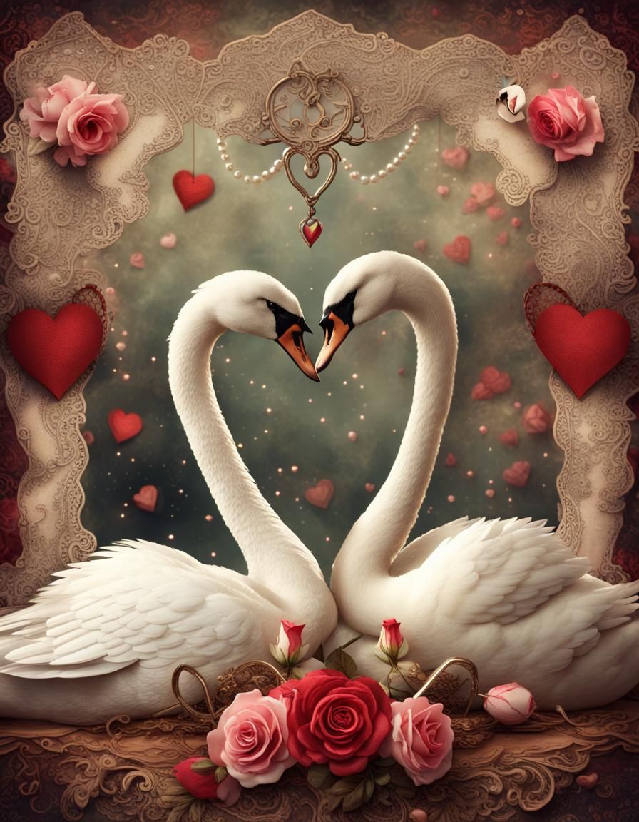 Vintage Valentine Swans with Roses and Pearls