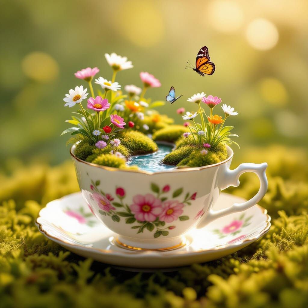 Miniature Spring Meadow Blooms Inside a Teacup