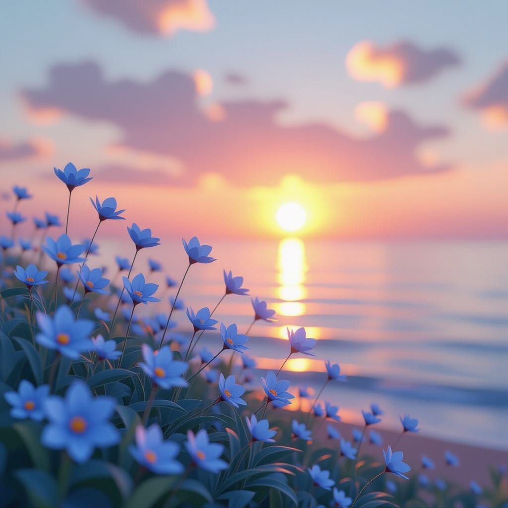 Blue Flowers Swaying at Sunset: Dreamy Papercraft Landscape