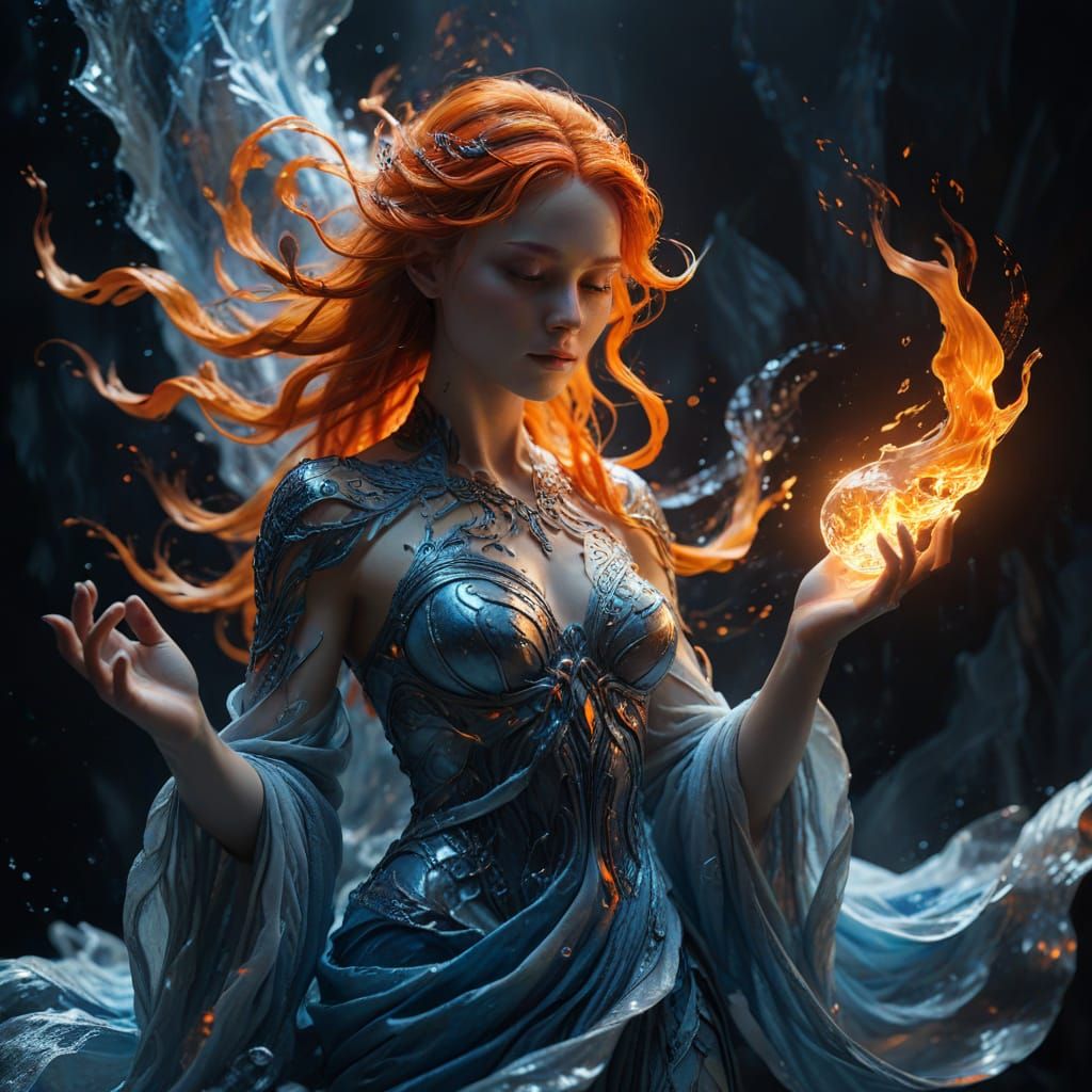 Goddess of Ice and Fire, Marble Sculpture, Elemental Balance