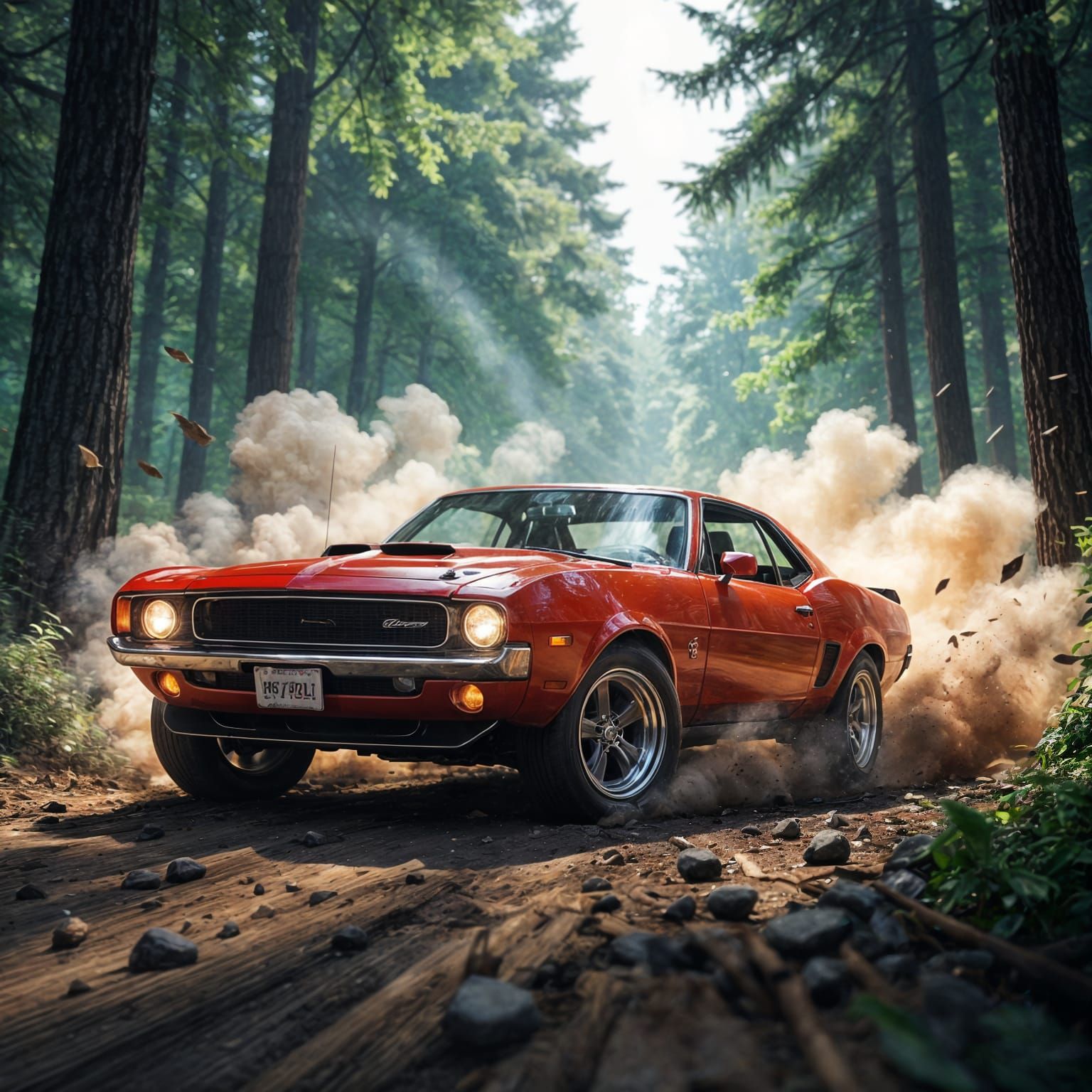 Muscle Car Escapes Forest in Dynamic Motion Blur