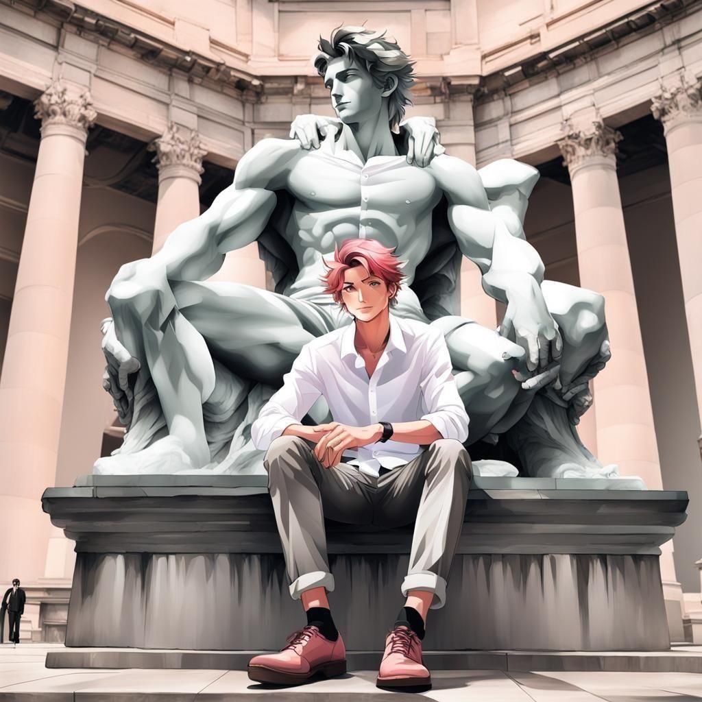 Anime Boy with Statue in Avant-Garde Building