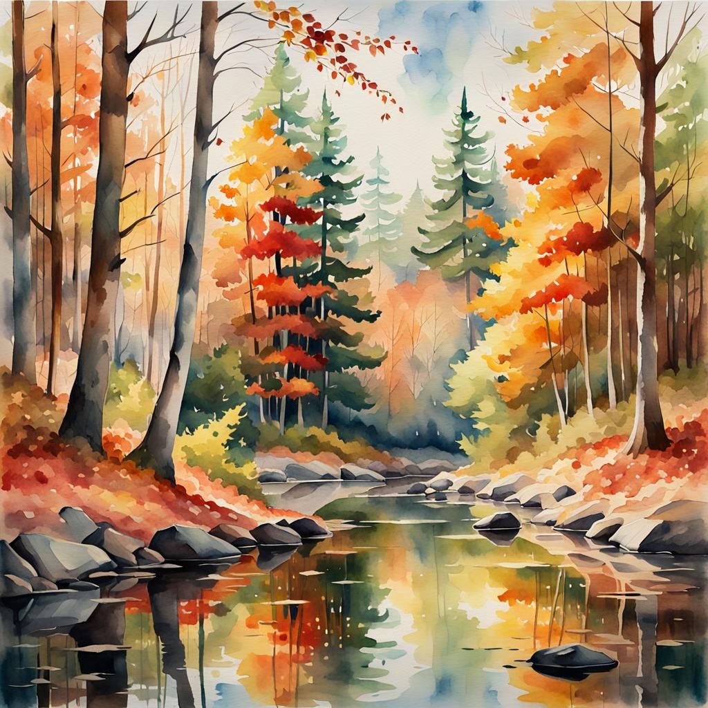 Autumn Forest Landscape in Watercolor Style