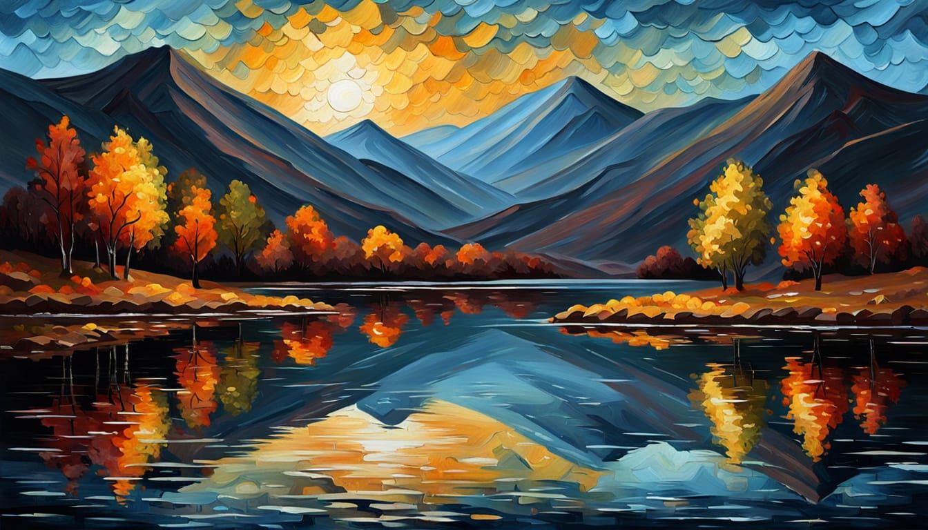 Tranquil Autumn Lake at Night: Impasto Oil Painting
