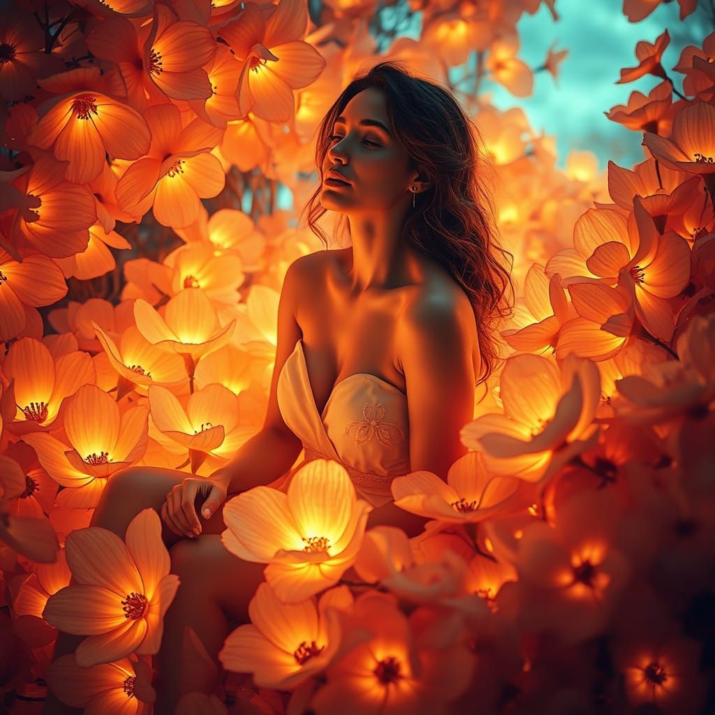 Serenely Radiant Woman in a Tapestry of Luminous Flowers