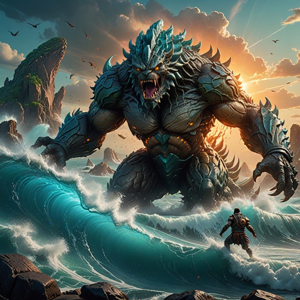Epic Clash of Rock and Water Monsters in Vibrant Oceanic Bat...