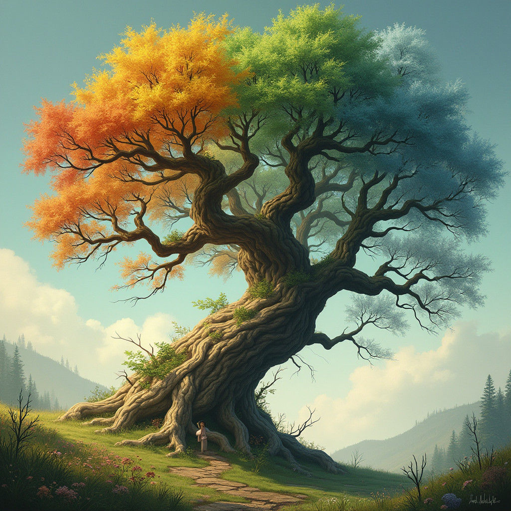 Four Seasons Tree in Dreamlike Fantasy Style
