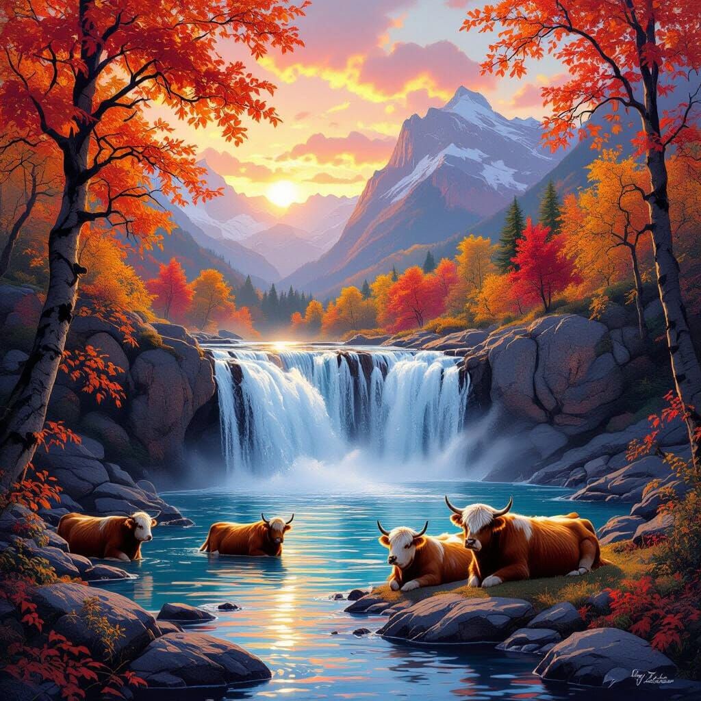 Autumn Waterfall with Highland Cows and Sunset Mountains