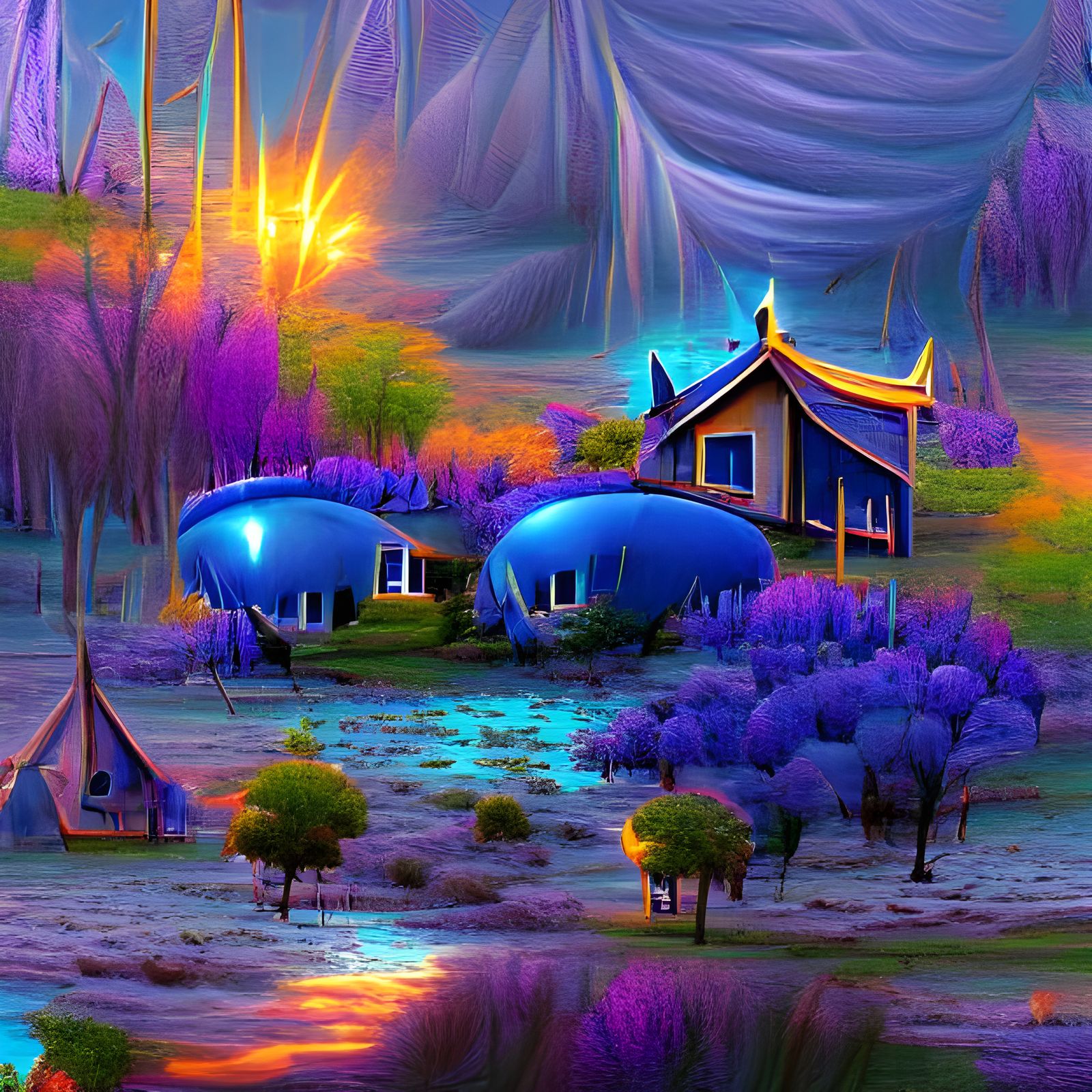 Fantasy Alien Homestead at Sunset in Blue Forest