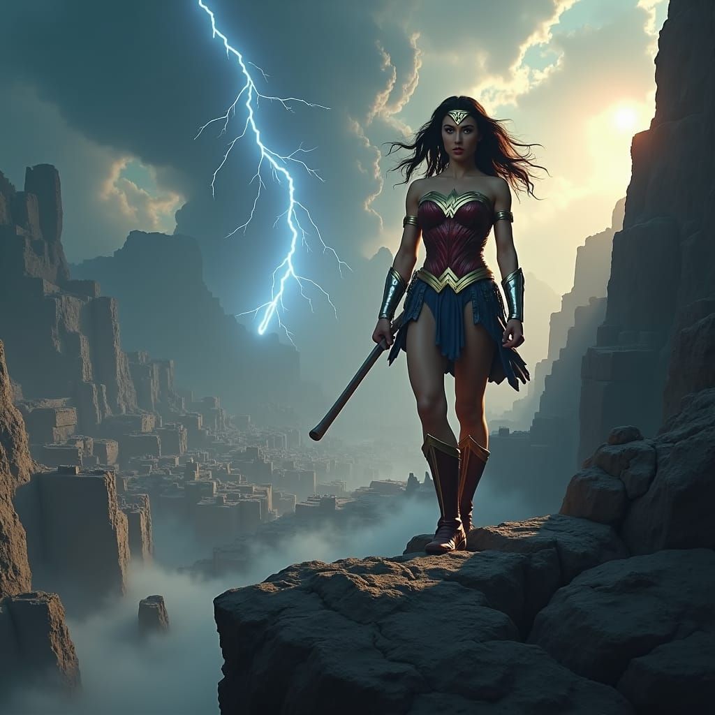 Wonder Woman on Cliffside in War-Torn City