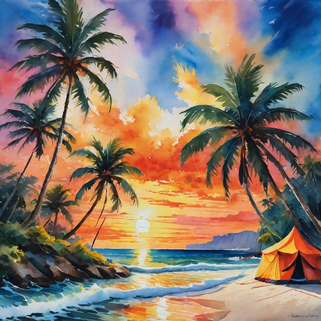 Tropical Beach Camping at Sunset in Gouache Style