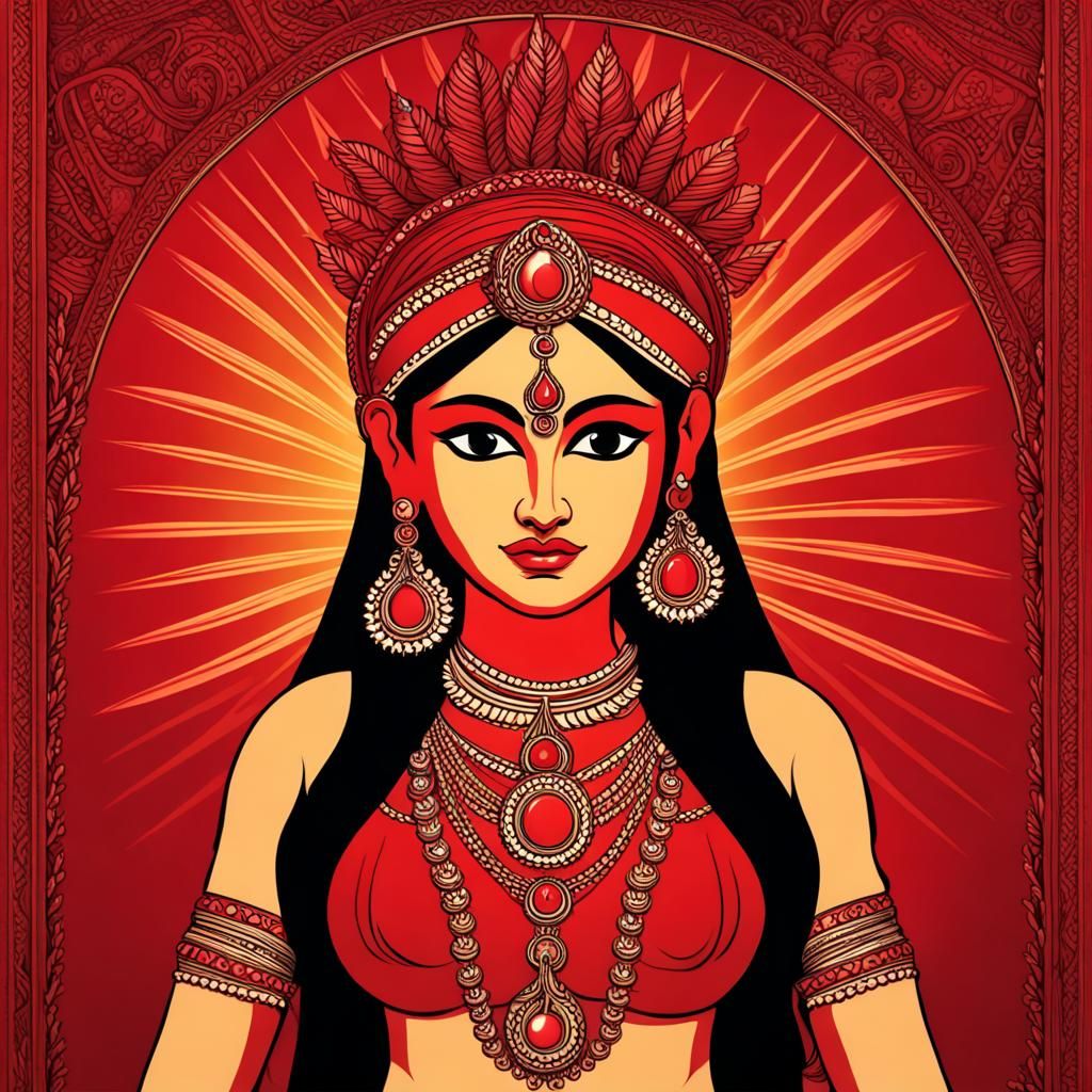 Crimson Mythical Indian Deity with Lamp