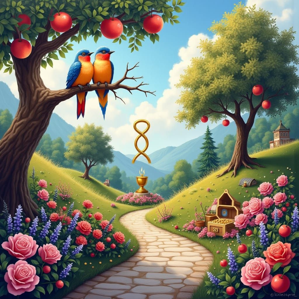 Lush Landscape with Love Birds and Infinity Symbol