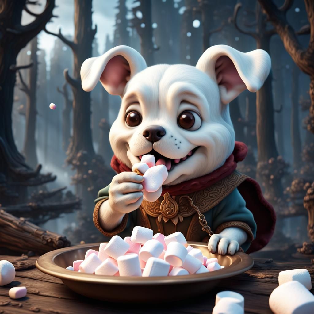 Dog Eating Marshmallow in Detailed Matte Painting