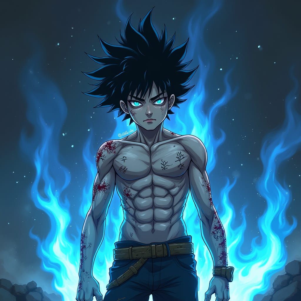 Manga-Inspired Dabi with Turquoise Eyes and Intense Flames