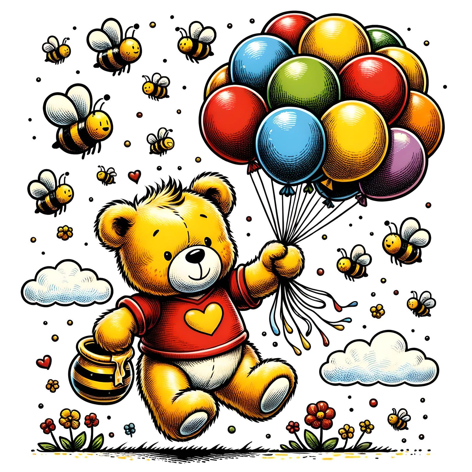 Teddy Bear Soaring with Balloons in Children's Book Style