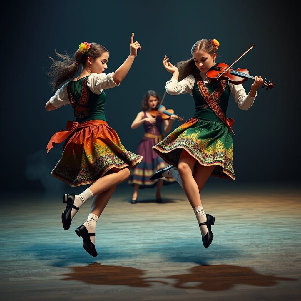 Vibrant Irish Dancers Leaping in a Fantastical Landscape