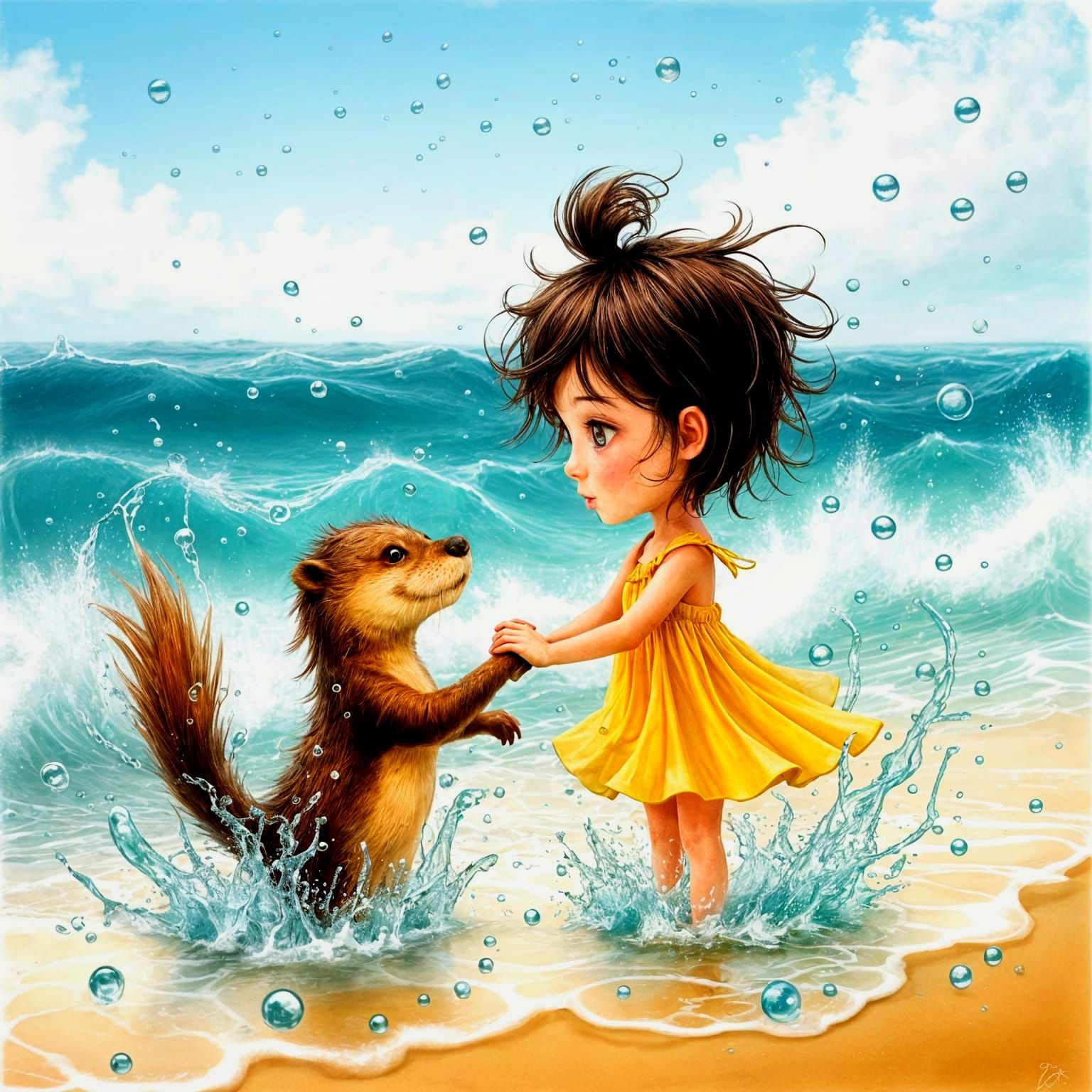 Cute Little Girl and Friendly Otter Play in Beach Waves