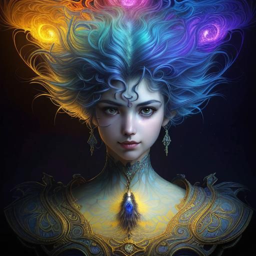 Colorful Symmetrical Being with Wavy Purple Hair