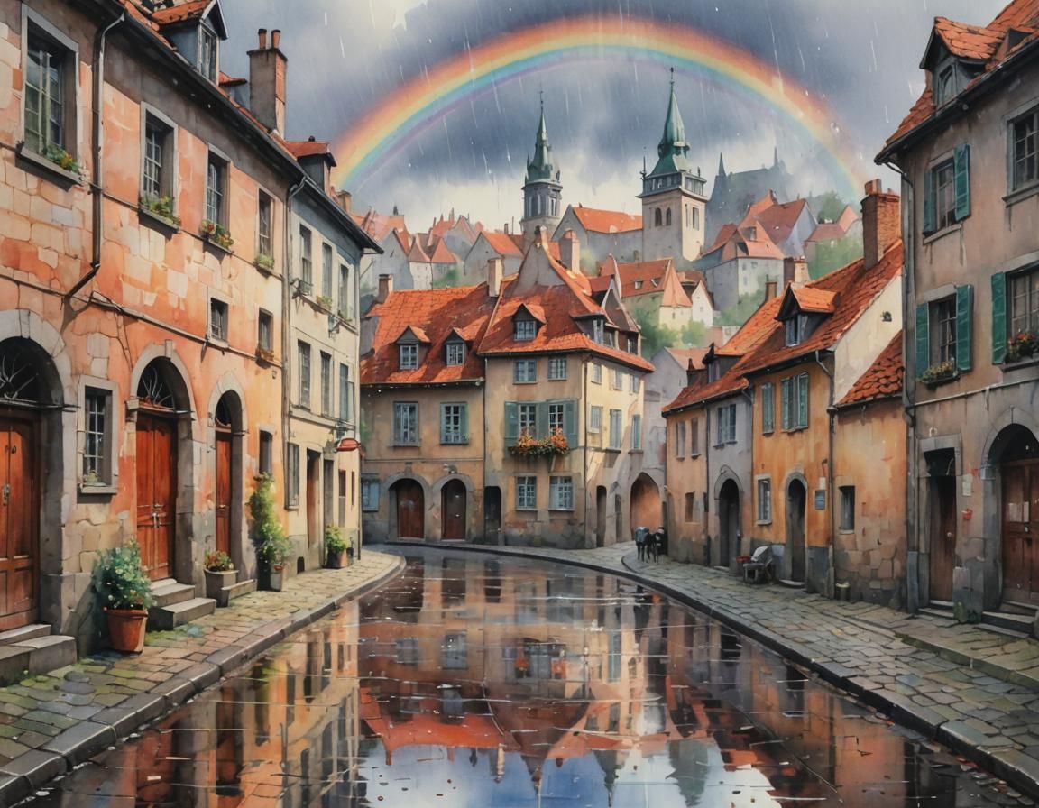 Watercolor European Townscape with Rainbow