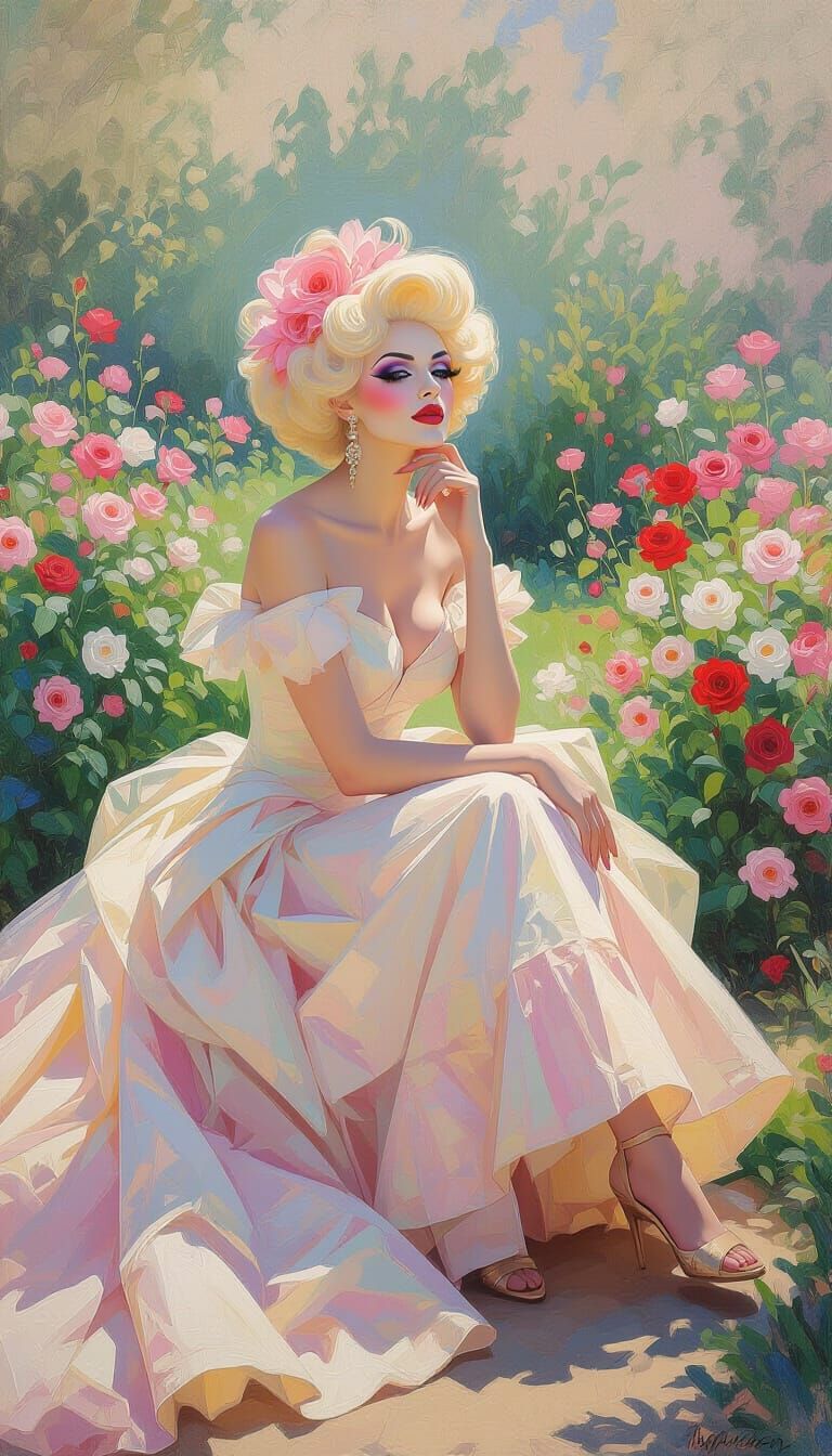 Impressionistic Garden Portrait of a Flirty Drag Queen