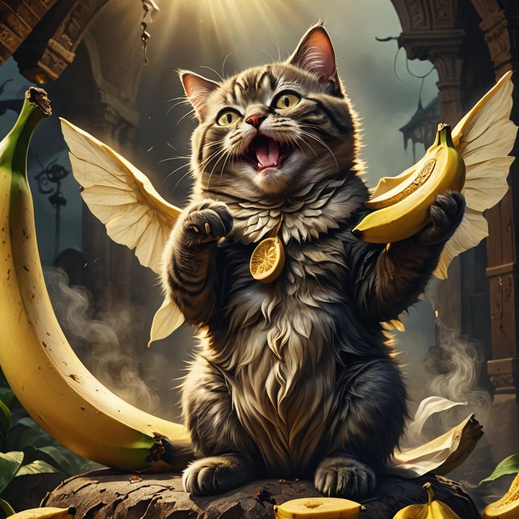 Fantasy Kitten and Monk with Banana Wings