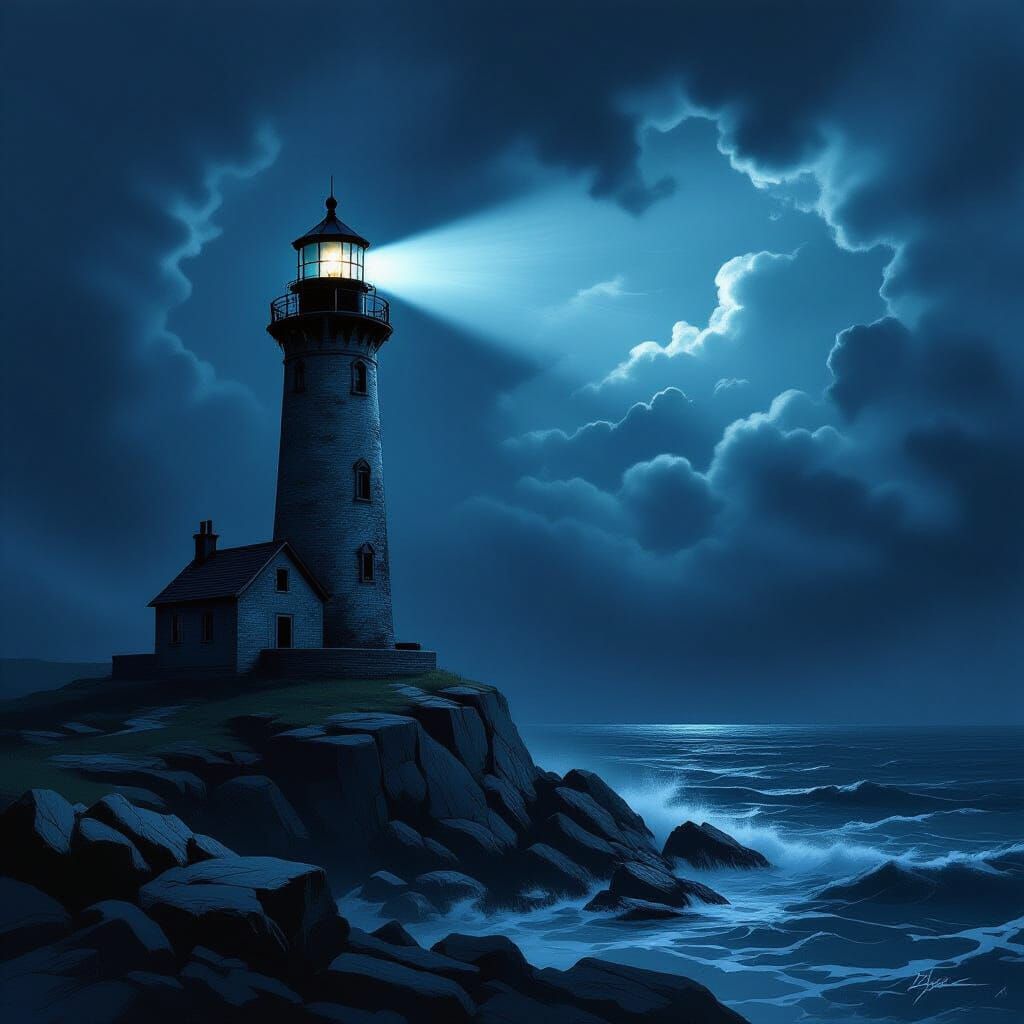 Lone Lighthouse Against Stormy Sea in Dark Fantasy Style