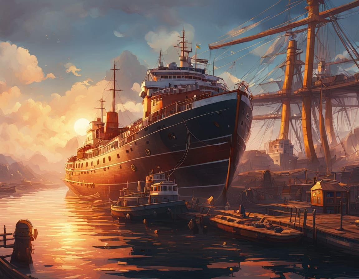 Colorful Ship in Port: Digital Concept Art