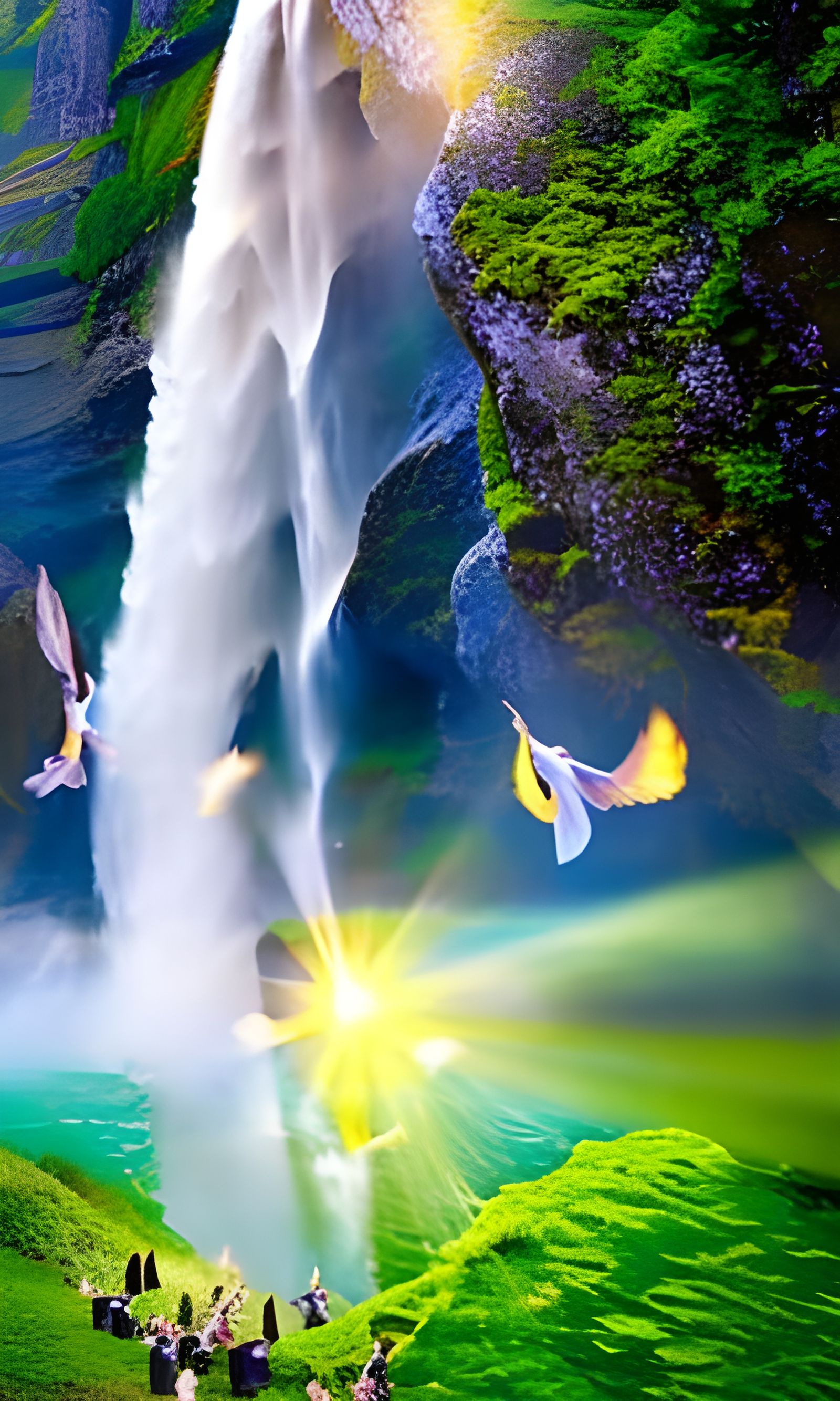 Fairies at a Sparkling Waterfall Sunset