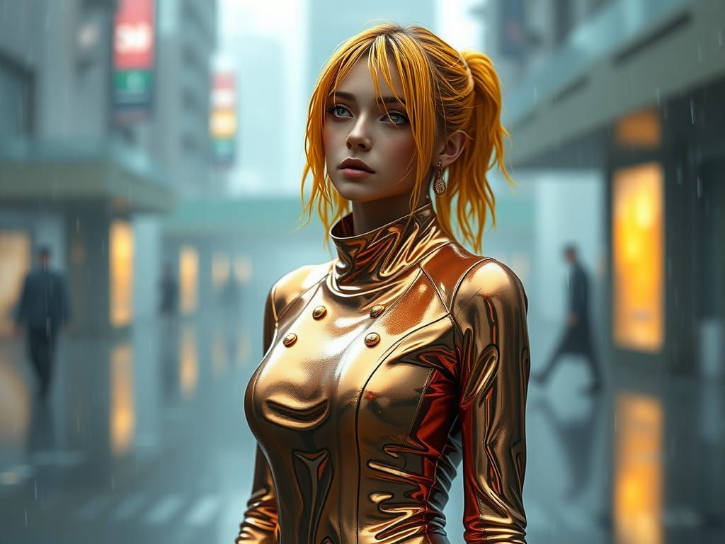 Futuristic Copper Woman in Rain, 3D Rendered