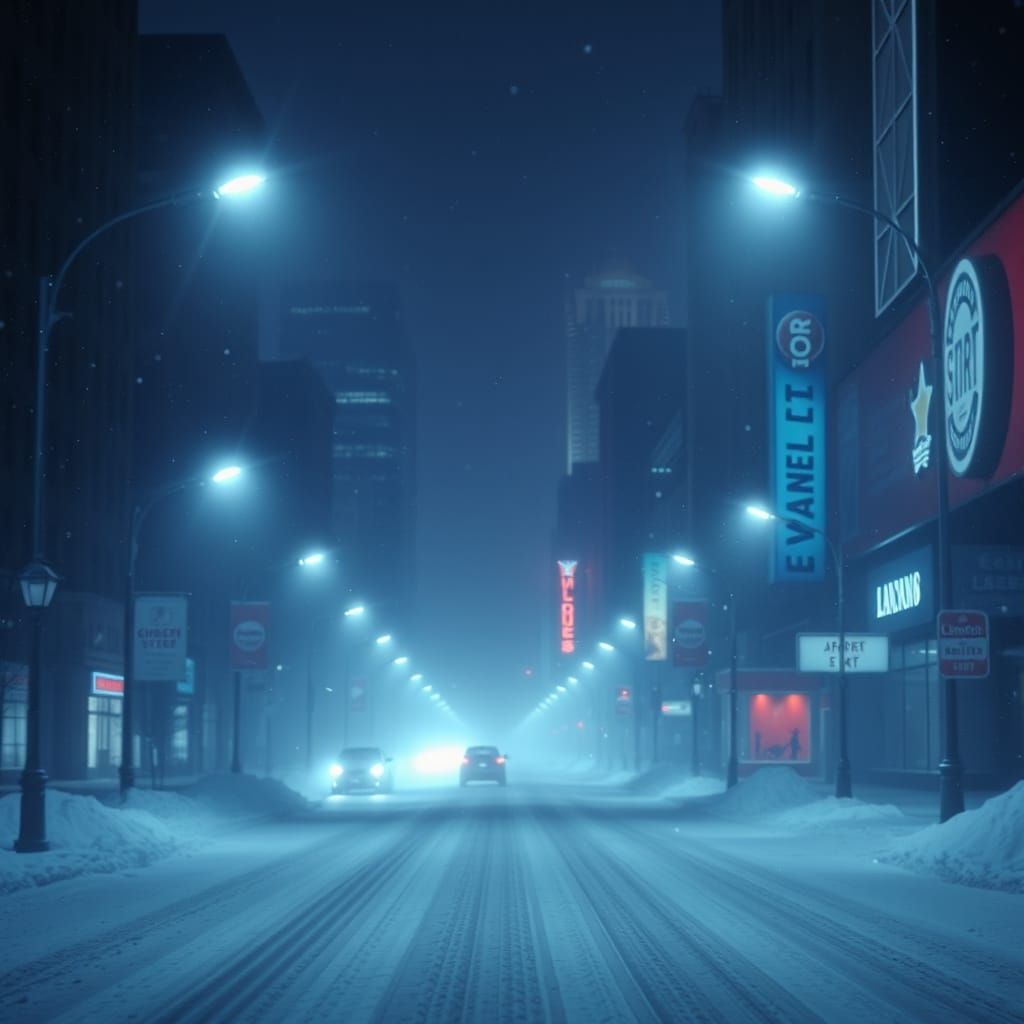 Snowy City Nightscape in Dense Fog