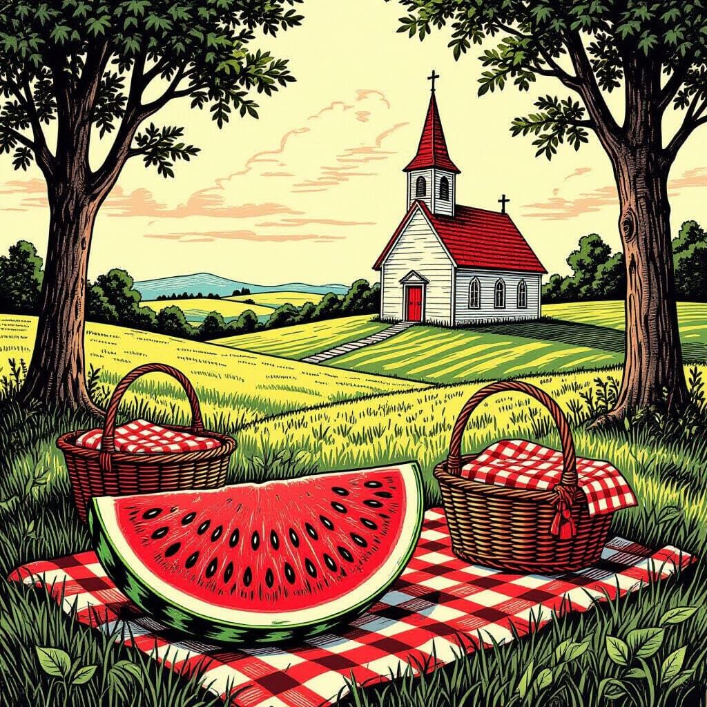 Hidden Picnic Scene in Serene Landscape Illustration