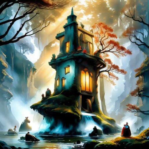 Whimsical Cable Car Over Swiss Alps Waterfalls