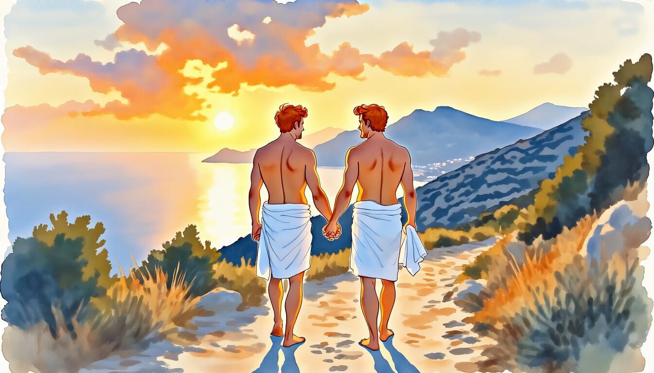 Couple Holding Hands on Mediterranean Path at Sunset