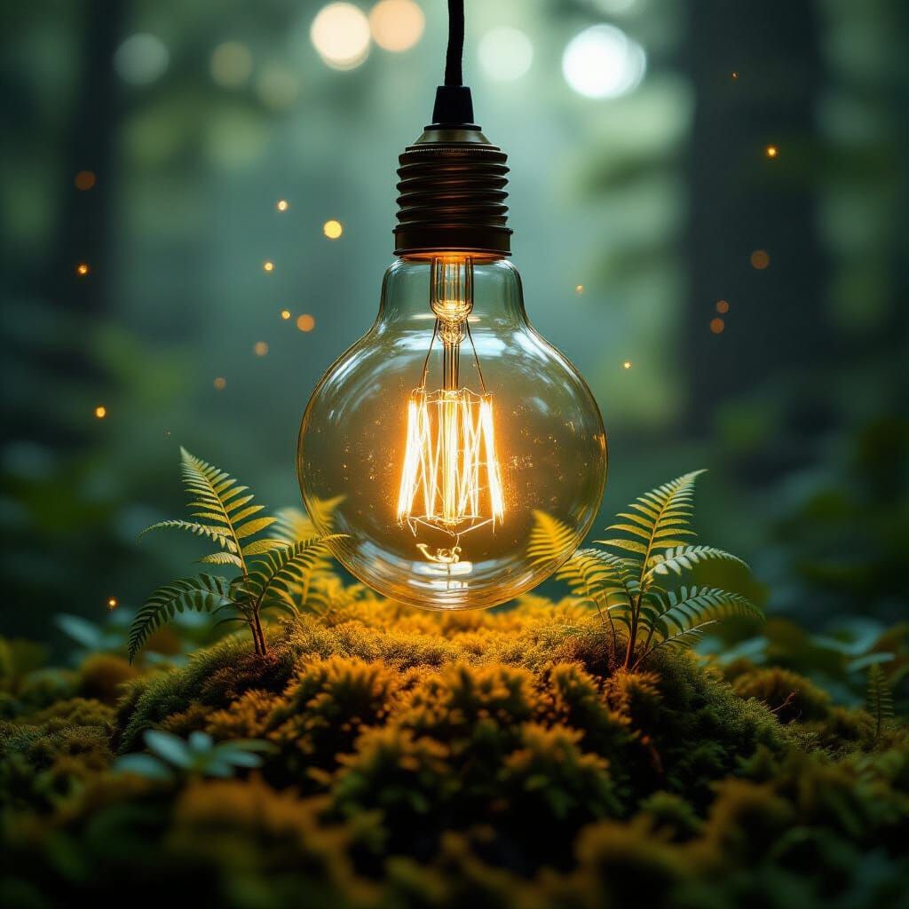 Antique Lightbulb Over Miniature Forest Ecosystem