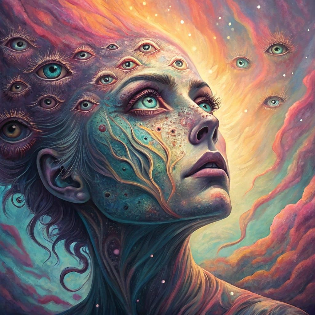Psychedelic Melting Figure in Ethereal Eye Background