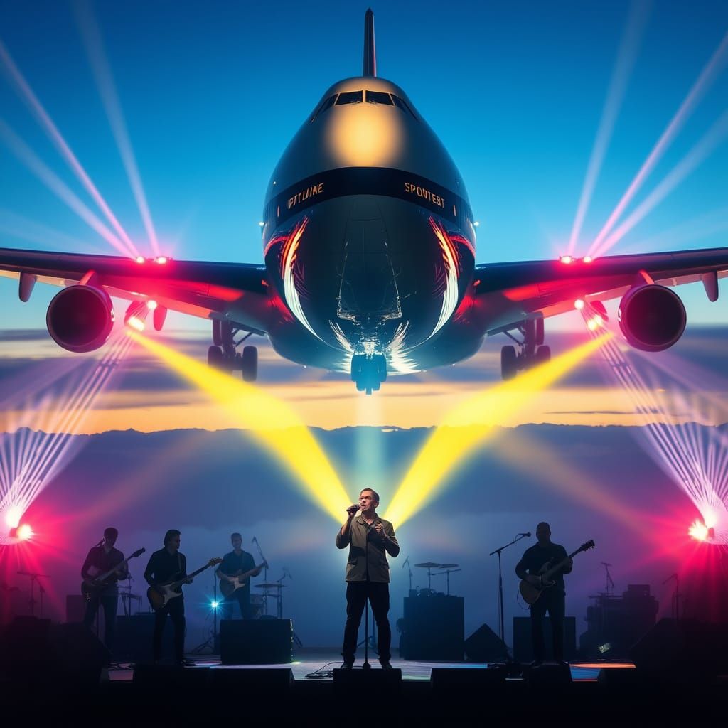 Singer and Band Performing with Boeing 747 Backdrop