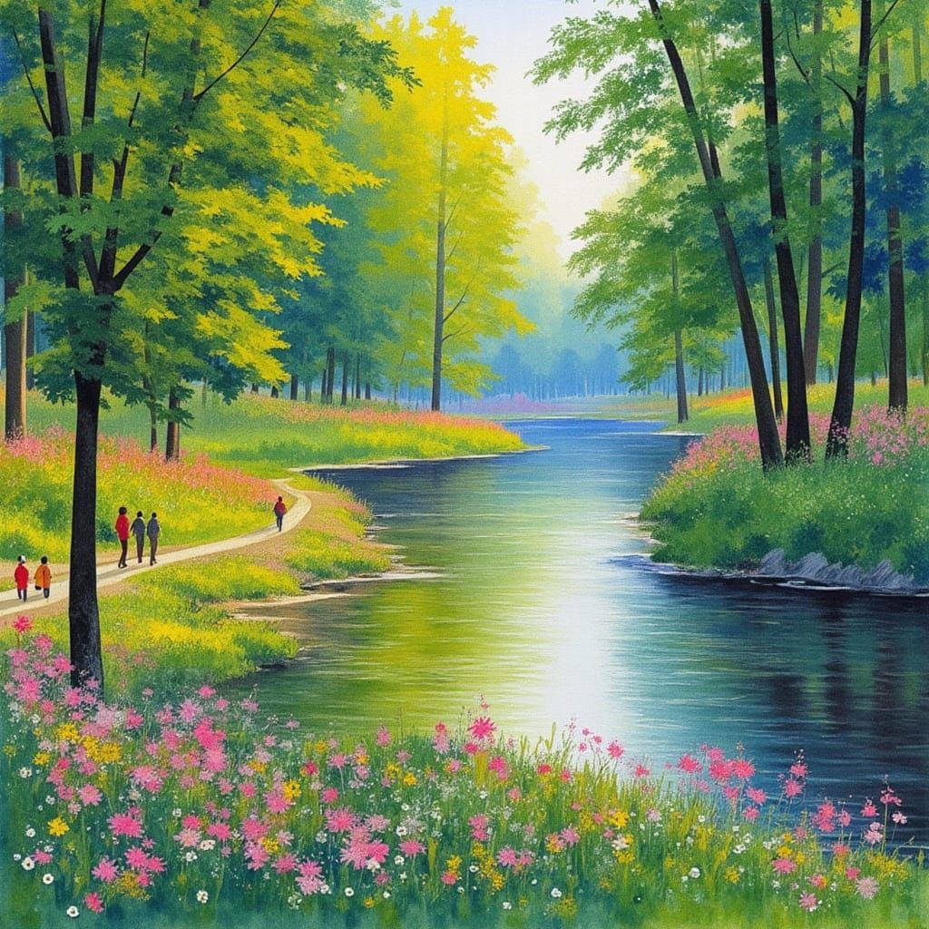 Serene Riverbank Scene in Impressionist Style