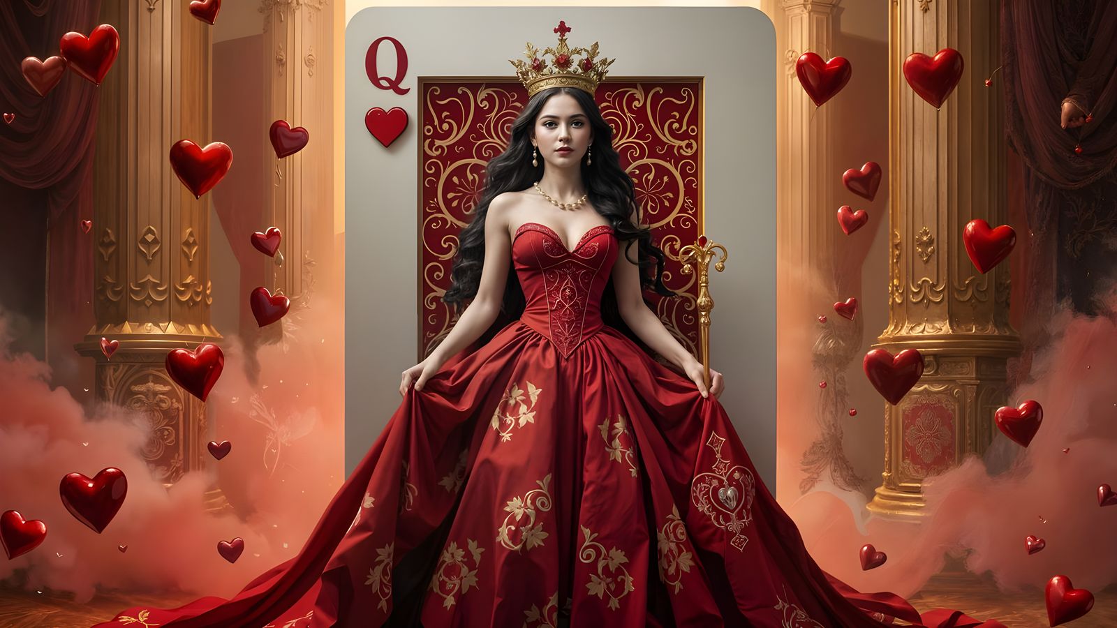 Regal Queen of Hearts Emerges from Oversized Card in Elegant...