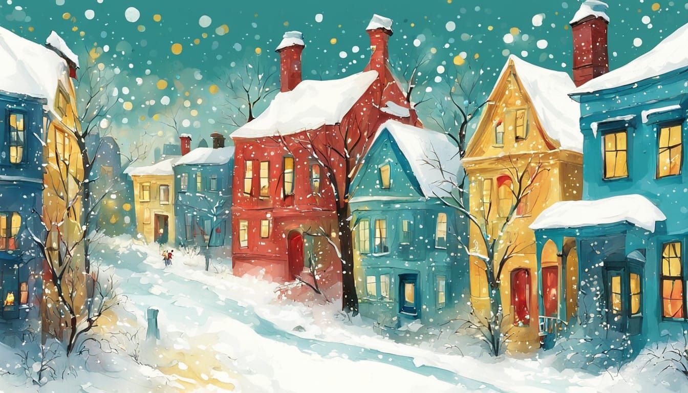 Vibrant Whimsical Row Houses at Christmas in Dreamlike Style