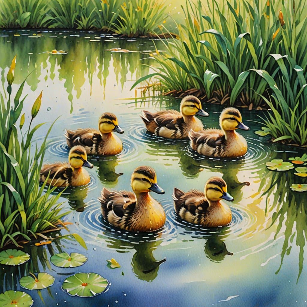 Whimsical Watercolor Ducklings in Rainy Park