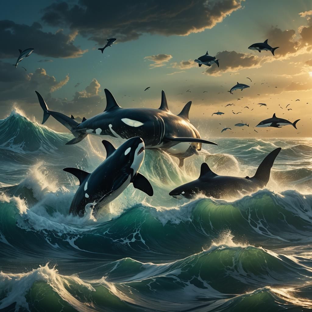 Shark Attacks Orca in Chaotic Sea: Dark Fantasy