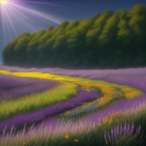 Sunlit Meadow with Wildflowers and Brook