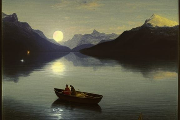 Lake Lucerne Boat in Moonlight, Romantic Painting