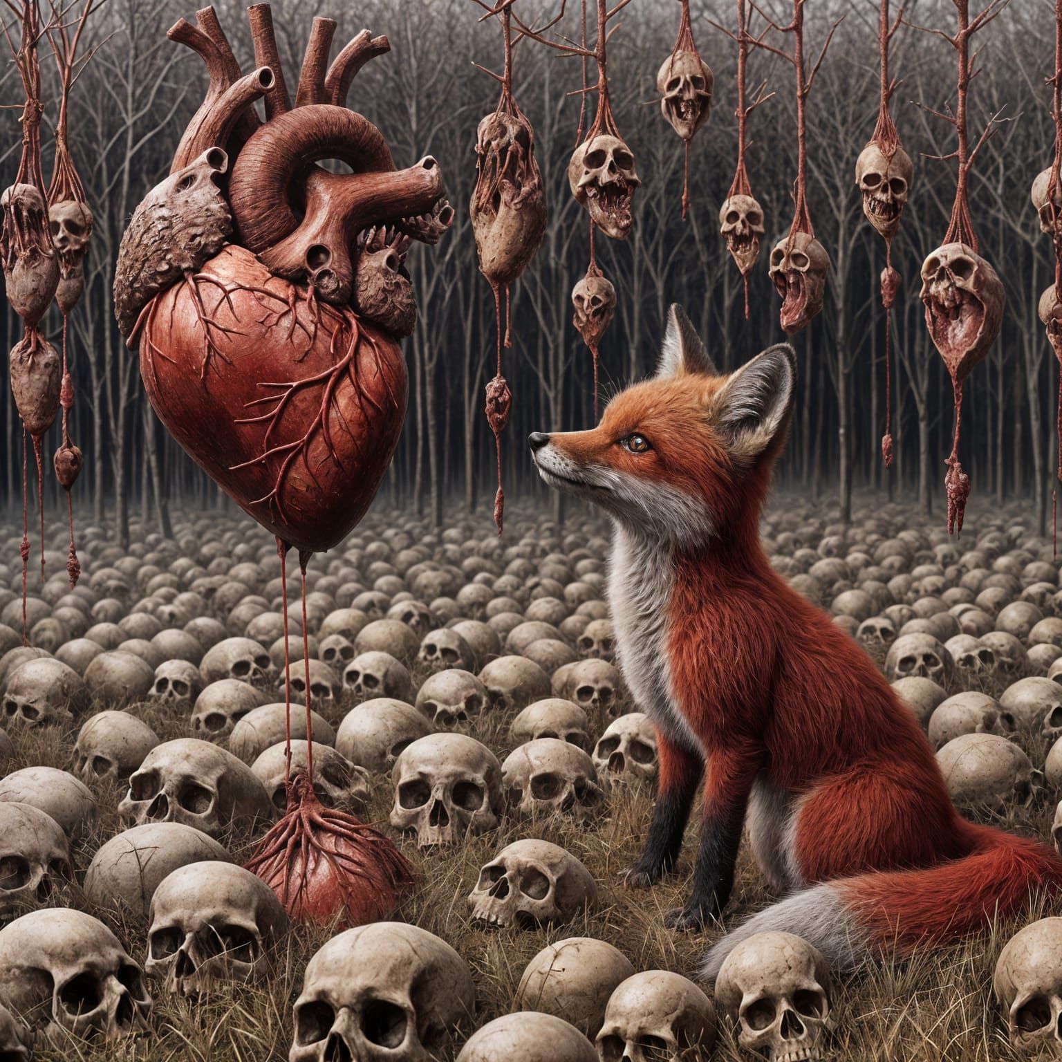 Heartbroken Fox in Skull Field: Gothic Fairy Tale