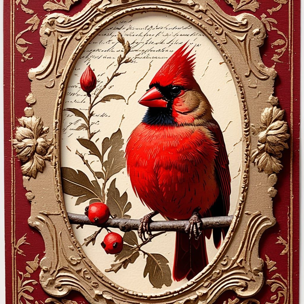 1930s Art Deco Postcard. Close-up. A crimson cardinal perche...